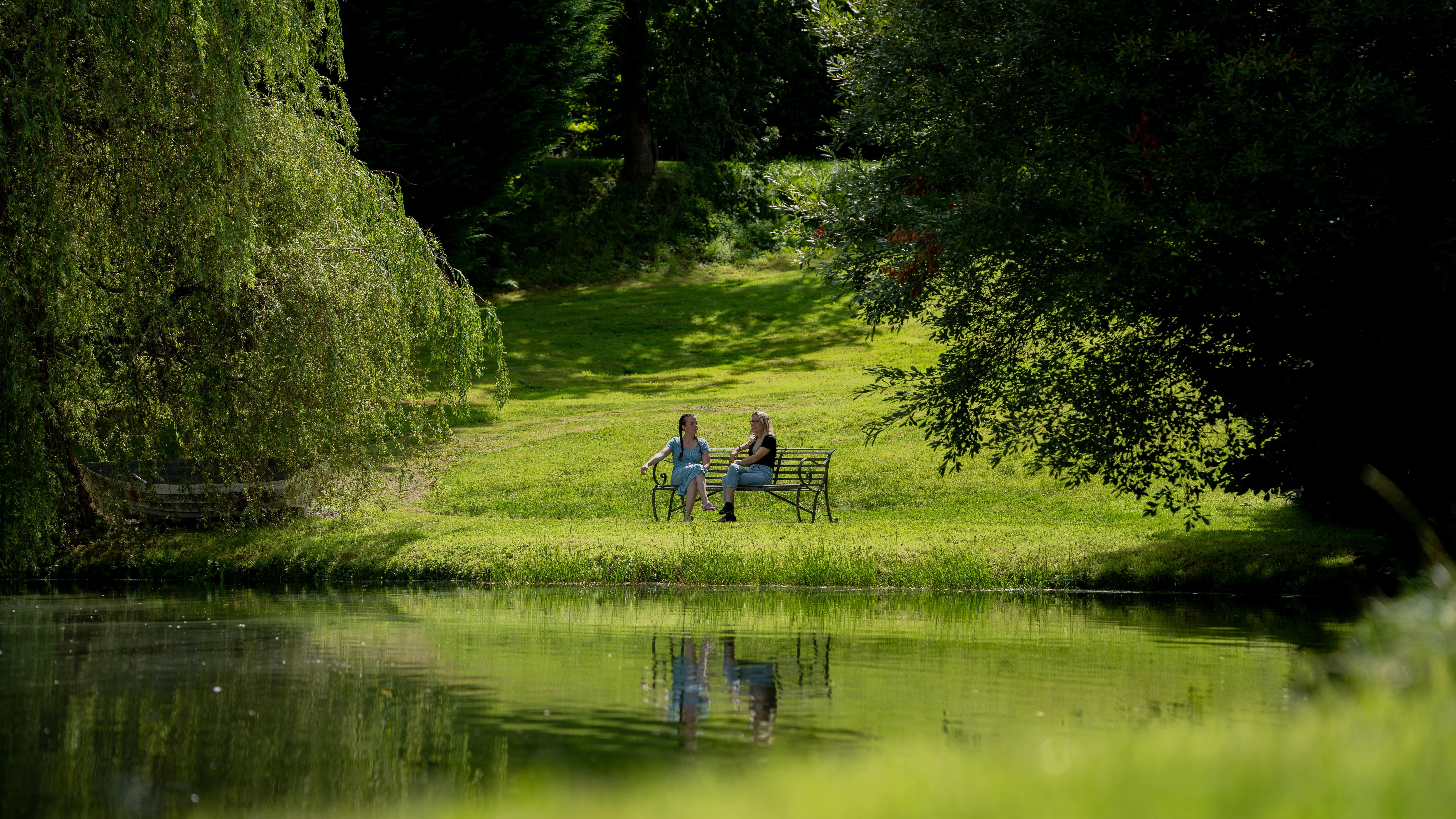 Two people sitting on a bench in the middle of a grassy field