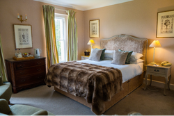 Bedroom with double bed and tartan blanket on top