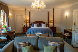 View of bed with sofa in front