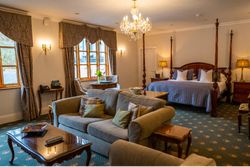 View of bed with sofa in front