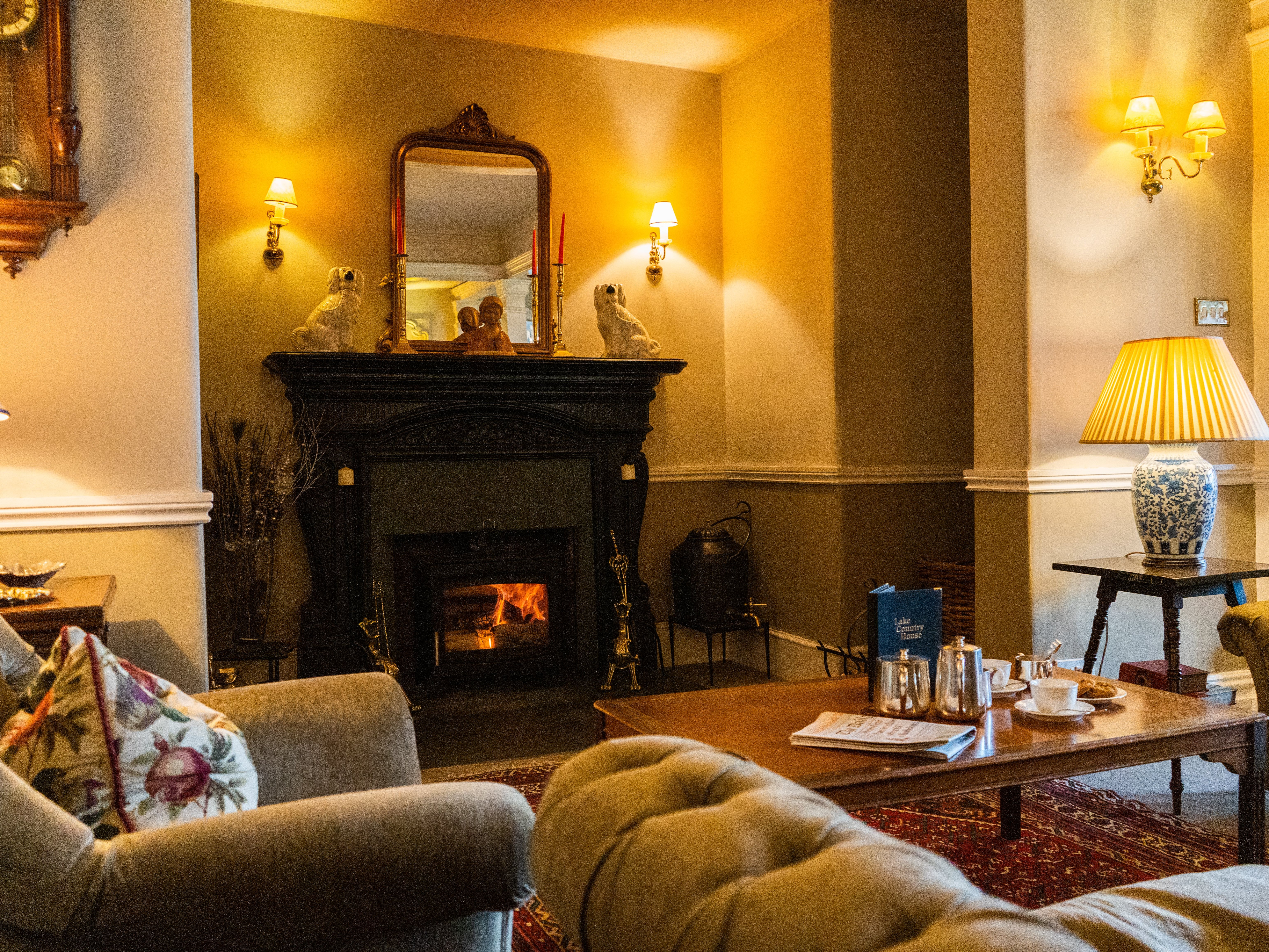 Cosy sofas and fireplace