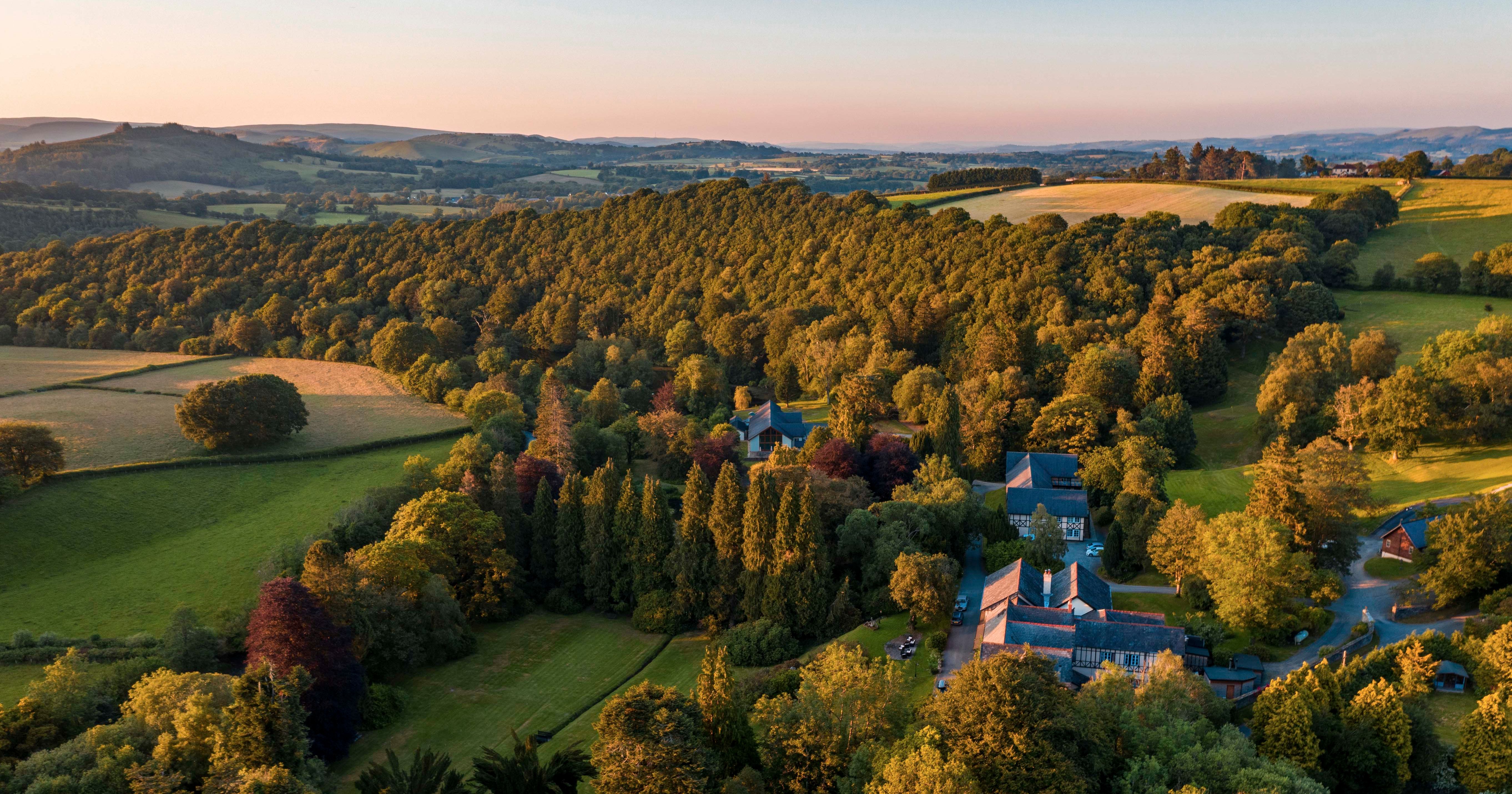 Drone view of the hotel surrounded by the Welsh country side