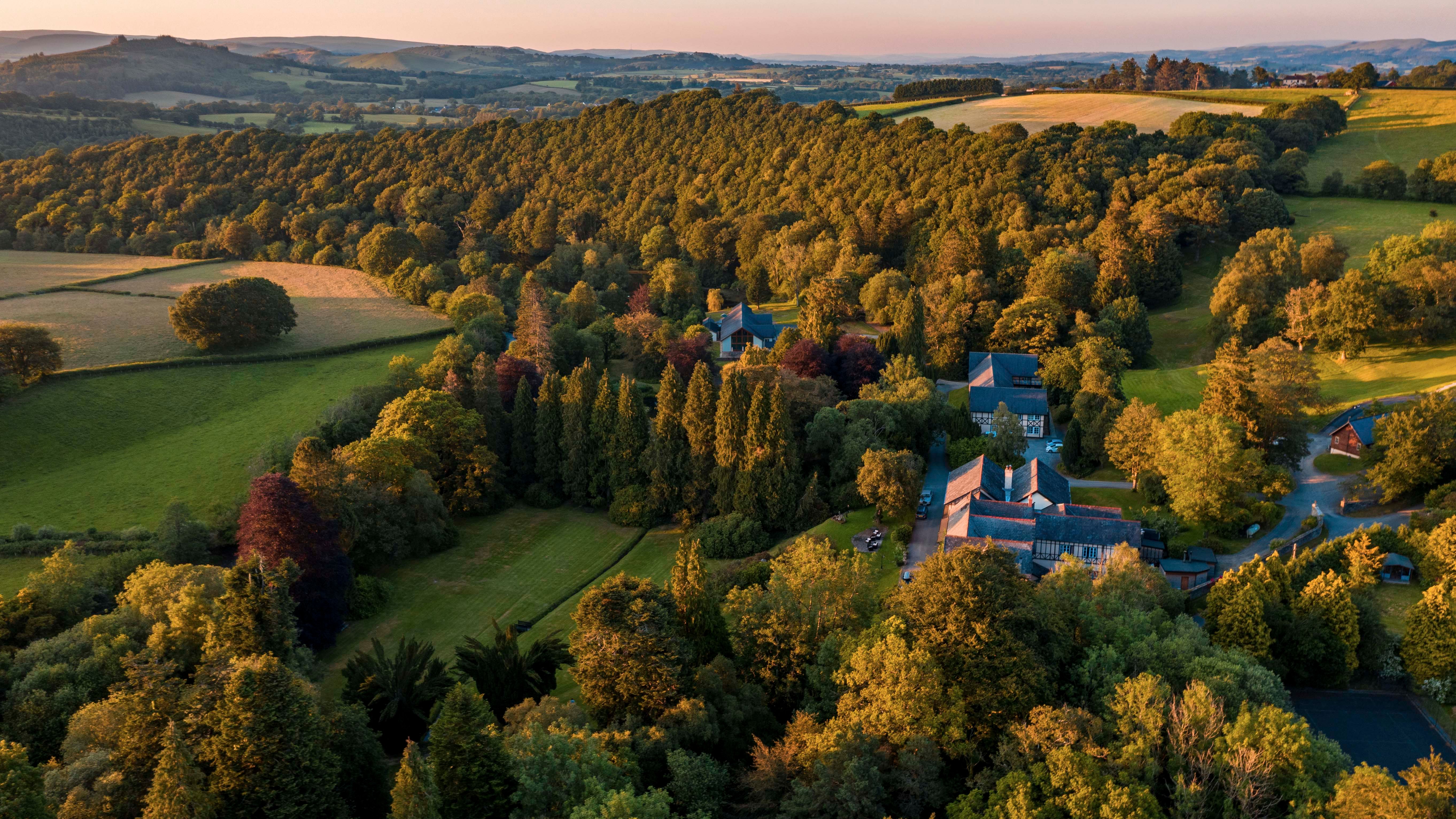 Drone view of the hotel surrounded by the Welsh country side