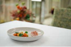 A plate of neatly presented fish and vegetables
