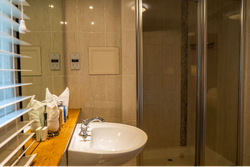 Bathroom sink in front of shower