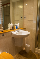 Bathroom sink in front of shower