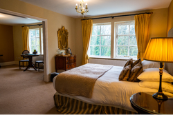 Double bed with gold theme looking onto sitting area in room