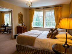 Double bed with gold theme looking onto sitting area in room