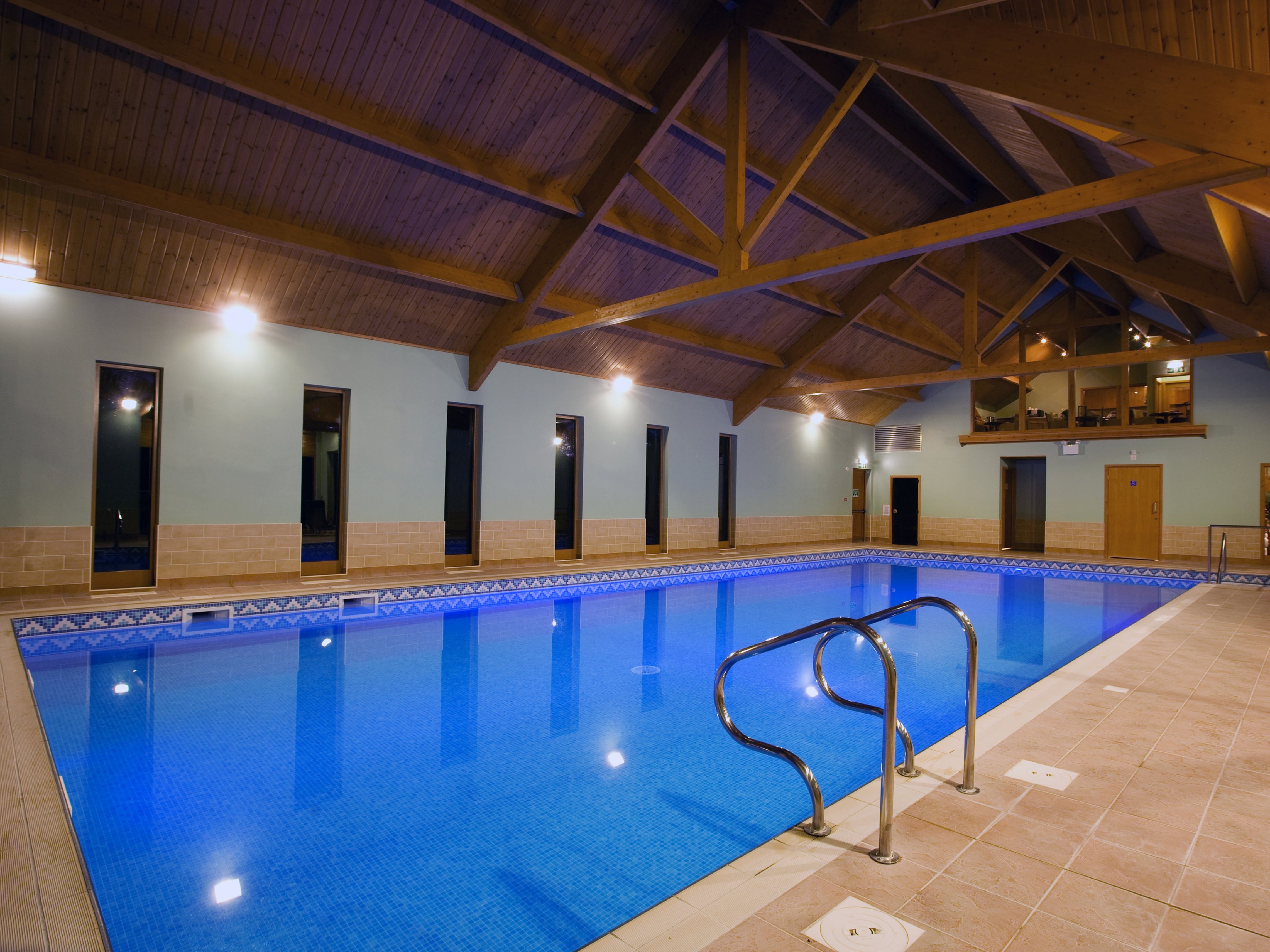 Pool in the evening with lights on