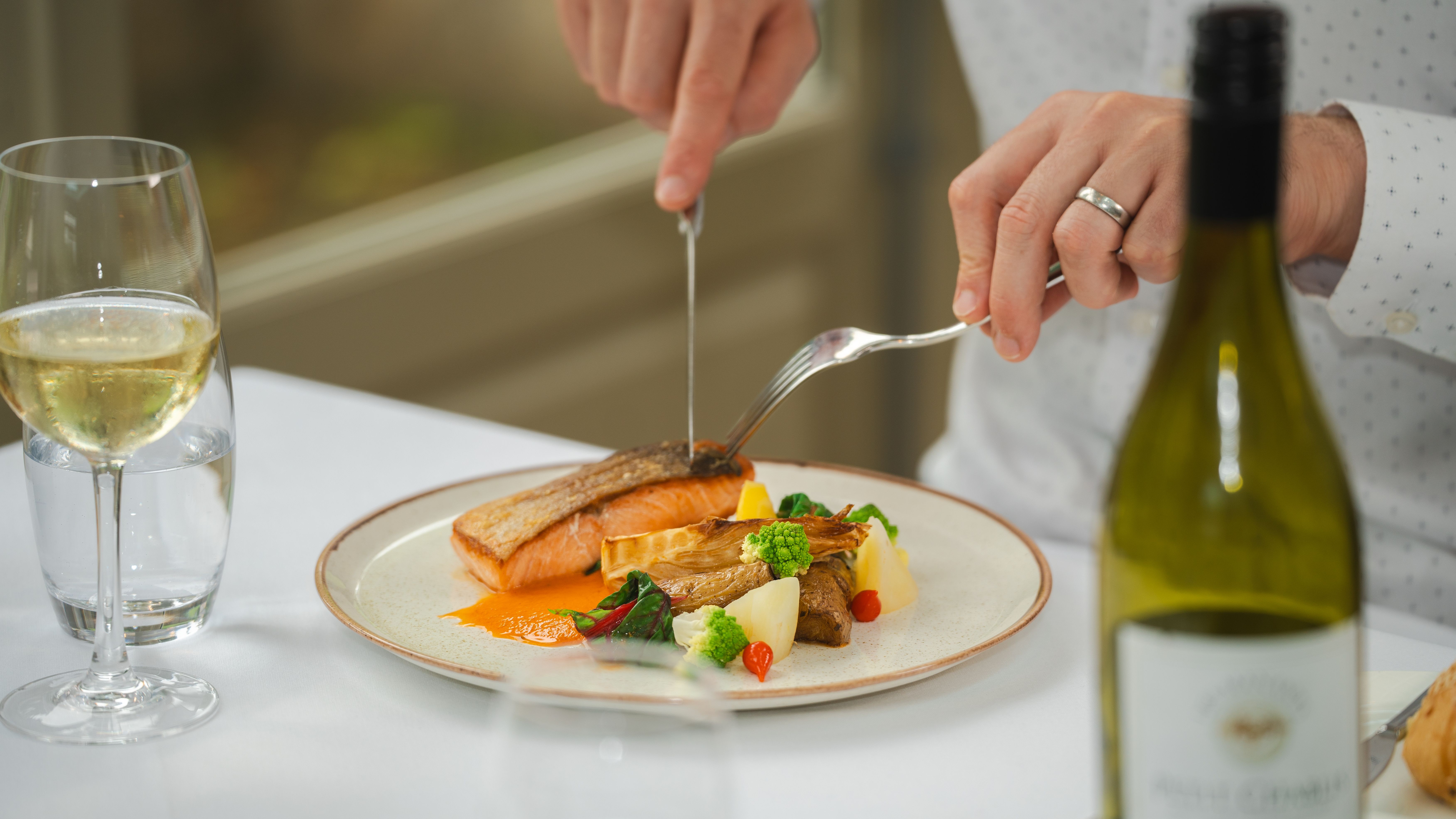 Salmon with roasted vegetables and veloute