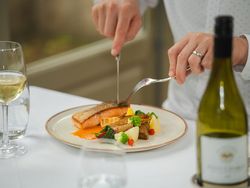 Salmon with roasted vegetables and veloute