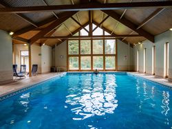 Large swimming pool with a tall window behind