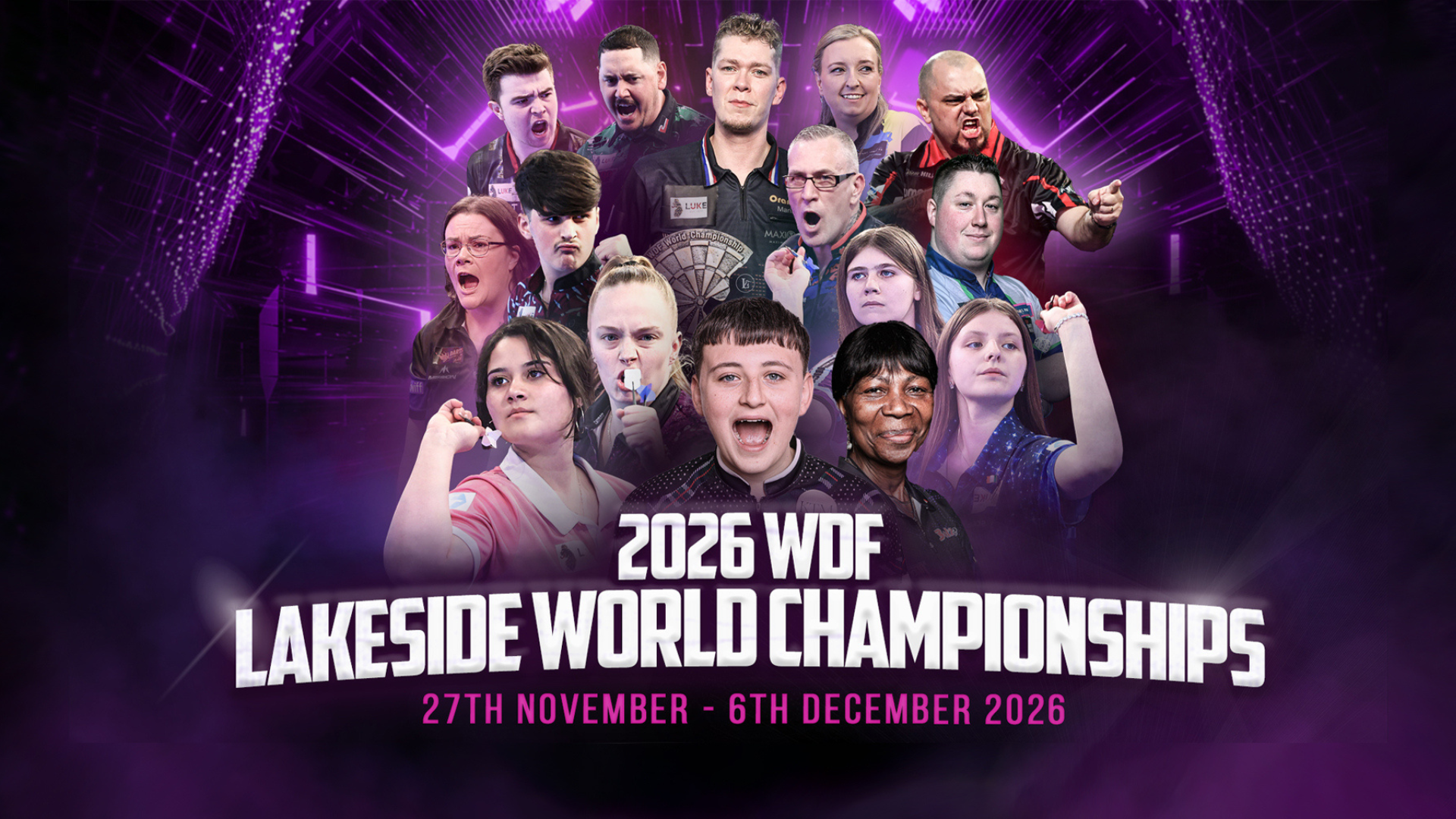 Group of professional darts players with 2026 WDF Lakeside World Championships text and dates.