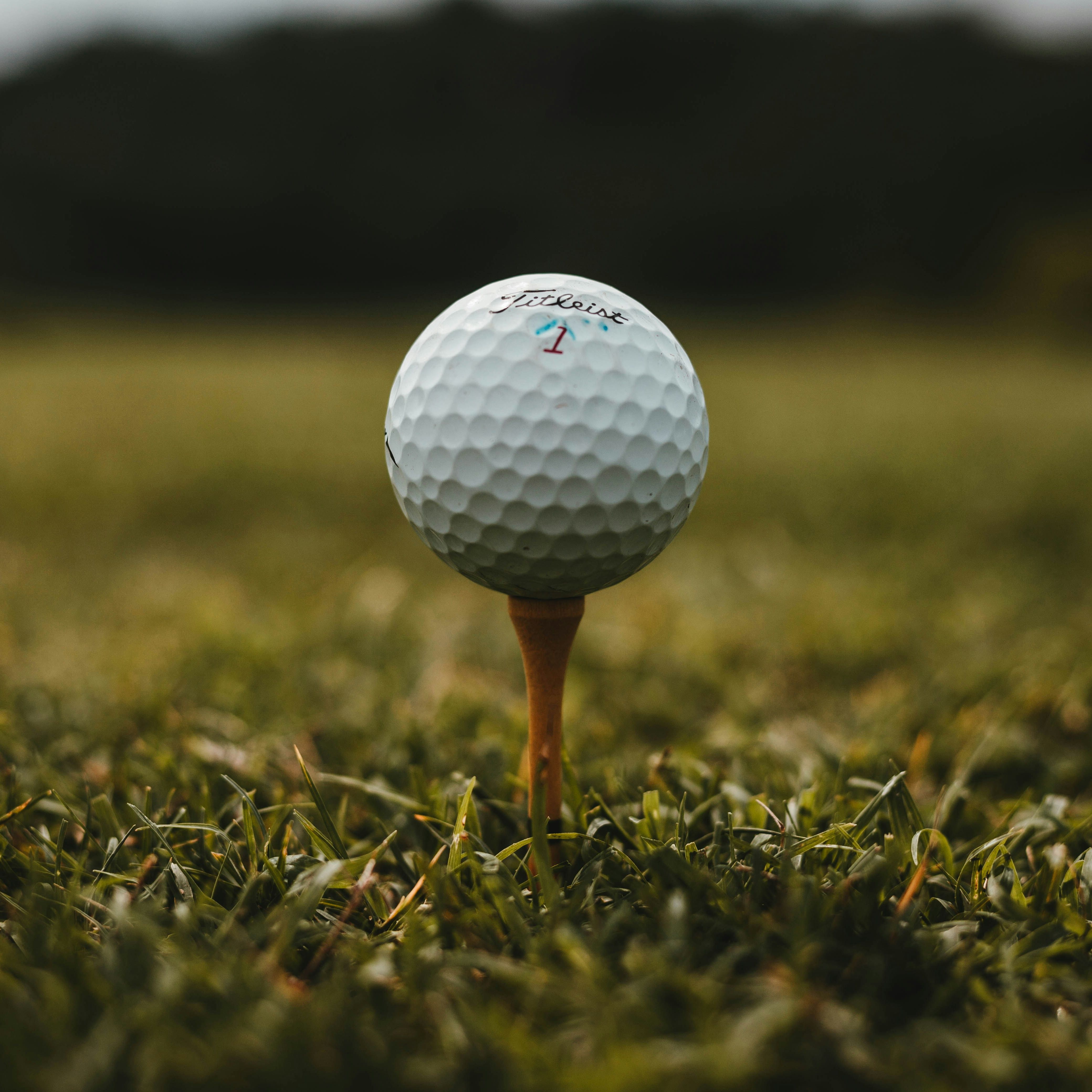 Close-up of a golf ball on a tee in the grass