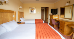 Hotel room with two beds, desk, TV, and orange bedding.