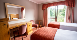 A hotel room with twin beds, a desk, chairs, and a large window with a view of greenery outside.