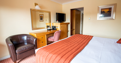 Interior of a cozy hotel room with a bed, desk, mirror, TV, and armchair