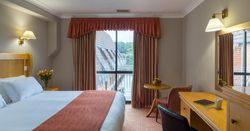 Cozy hotel room with a large bed, desk, and window with a view.