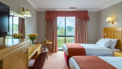 A bright hotel room with two beds, a desk, flowers, and a large window with drapes.
