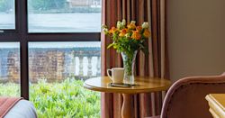 Cozy room corner with a round wooden table, vase of flowers, and cup near a window overlooking greenery and water.
