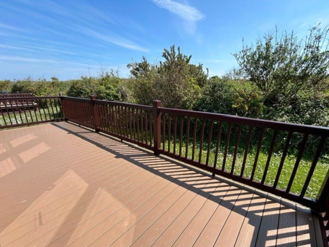 Sunlit wooden deck with dark railing overlooking green shrubs and trees