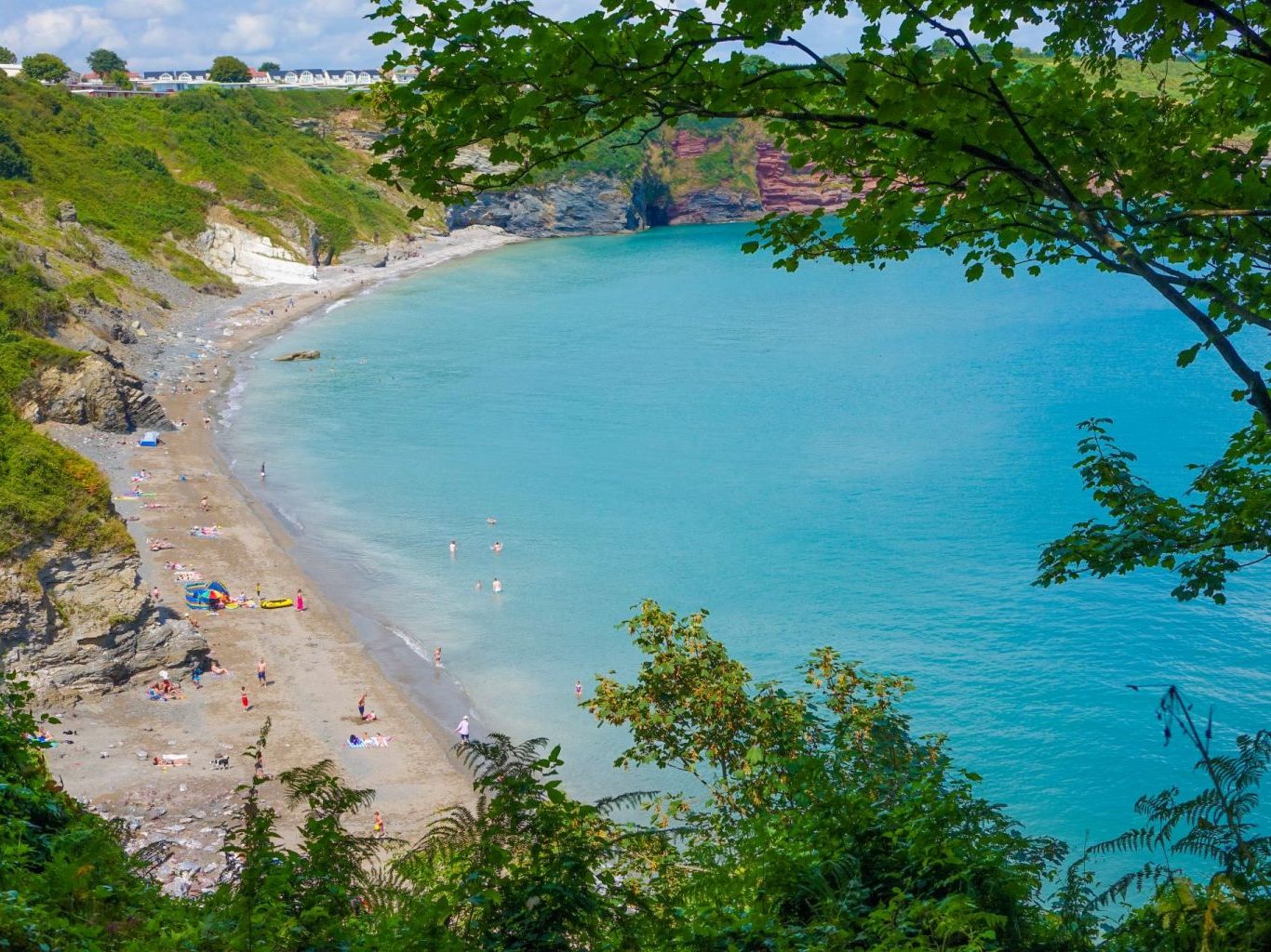 View over St Mary’s Bay showing a sheltered sandy beach and turquoise sea framed by green trees