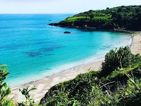 Turquoise sea and sandy beach at St Marys Bay with green cliffs
