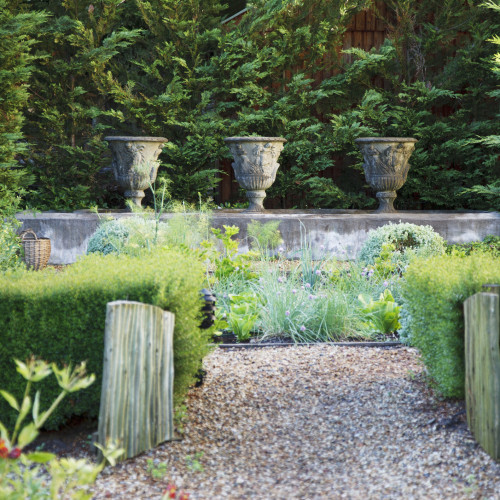 A peaceful garden with a gravel path, lush plants, and three large stone urns in a row.