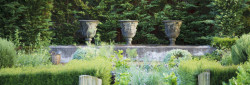 A peaceful garden with a gravel path, lush plants, and three large stone urns in a row.