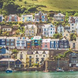 View of the small town of Dartmouth with its colourful house and the harbour.