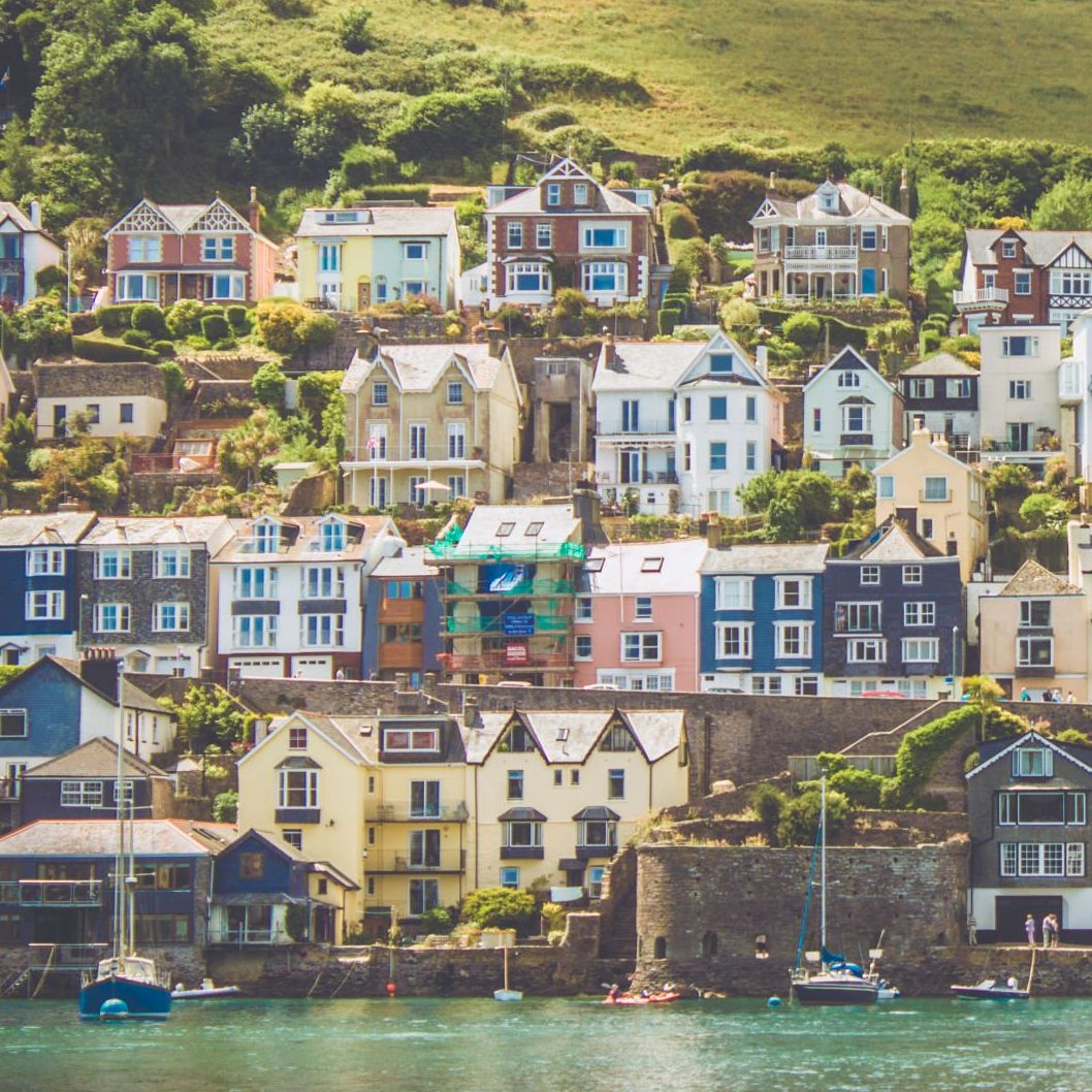 View of the small town of Dartmouth with its colourful house and the harbour.