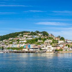 A scenic view of a coastal town with colorful houses on a hillside, surrounded by greenery, overlooking a calm harbor filled with sailboats, under a clear blue sky.