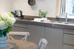 Modern kitchen with grey cabinets, a kettle and toaster, flowers on a table, and a plant on the countertop.