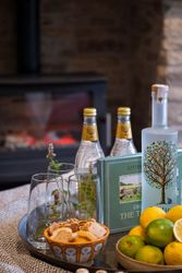 A cozy setup with drinks, biscuits, limes, lemons, and glasses on a tray in front of a fireplace.