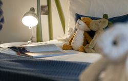 Two stuffed animals sitting on a bed with an open book and a bedside lamp