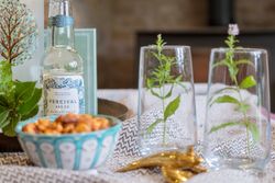 A bottle of Percival and Co. elderflower hard tonic, two glasses with mint sprigs, and a bowl of snacks on a table.