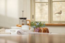 Breakfast tray with a French press, cup, bread, and flowers by a window