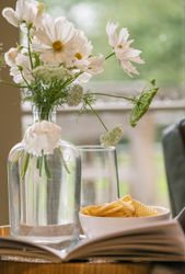 A vase of white flowers, a glass of water, and a bowl of potato chips on a table with an open book.