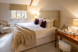 Cozy bedroom with a large bed, two purple cushions, a beige blanket, and a wooden side table with breakfast tray and lamp.