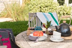 Outdoor brunch setup with fruit, tea kettle, striped towel and swim goggles on a wooden table and chair.