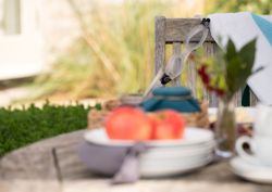 Outdoor table setting with apples, plates, swimming goggles on a wooden chair, and a towel.