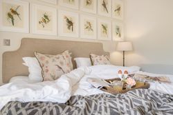 Cozy bedroom with a breakfast tray on the bed, bird-themed cushions, and framed bird illustrations on the wall.