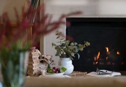 Cozy indoor scene with a fireplace, a vase with greenery, a bowl of grapes, stacked wooden blocks, an open book with glasses, and blurred flowers in the foreground.