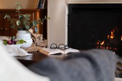 Cozy living room scene with a book, glasses, a vase with greenery, a fruit bowl, and a fireplace.