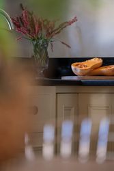 A vase with red flowers and a halved butternut squash on a kitchen countertop.