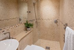 Modern bathroom with beige mosaic tiles, walk-in shower, and a plant on the counter