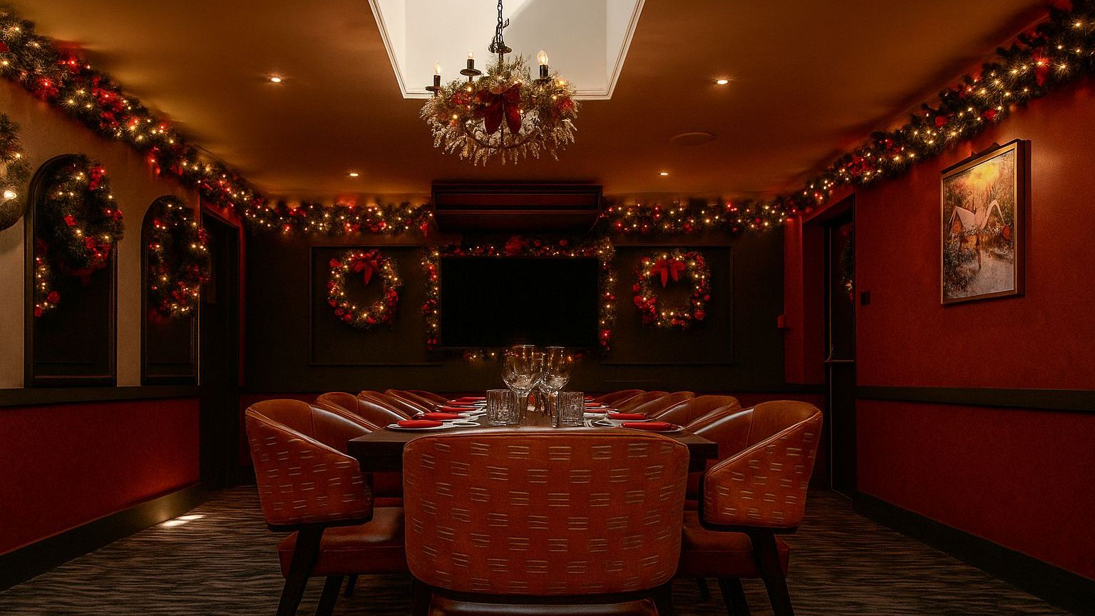Elegant dining room decorated with Christmas lights, wreaths, and garlands.