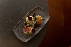 Plated gourmet dish featuring beef Wellington, mashed potatoes, and garnishes on a speckled rectangular plate.