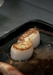 Close-up of two seared scallops on a dark cooking tray