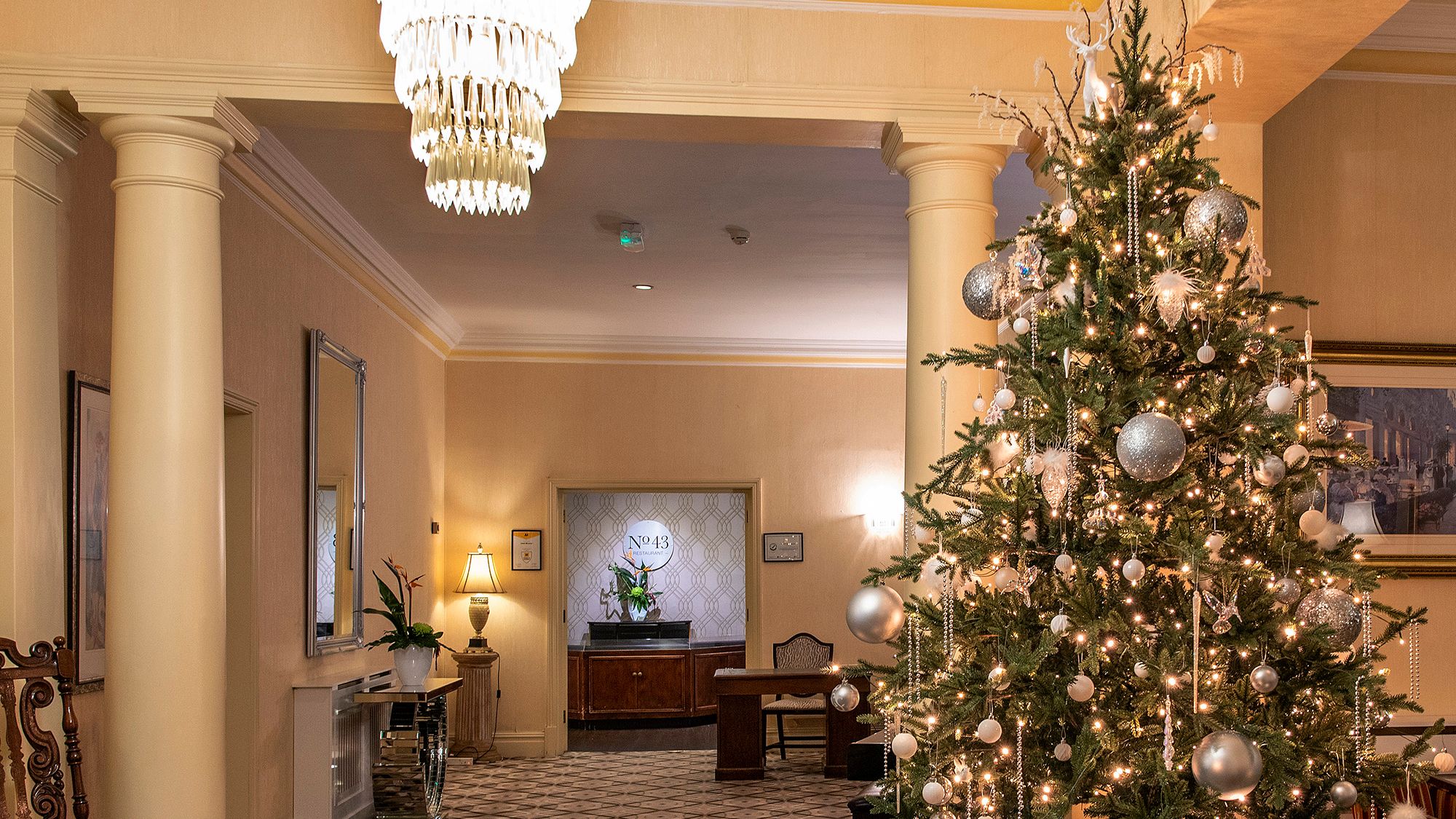 Reception decorated with Christmas tree and lights